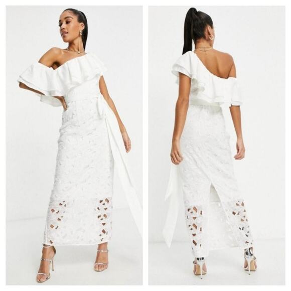 New Chi Chi London One Shoulder Ruffle Lace Midi Maxi Dress in White - Picture 1 of 12